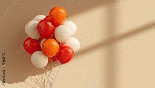 A vibrant cluster of orange, red, and white balloons creates a festive and cheerful composition against a neutral backdrop.
