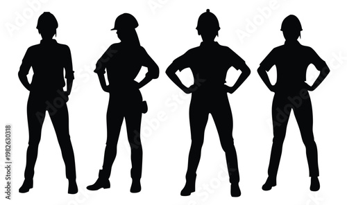  silhouetted female workers posing with hard hats and hands