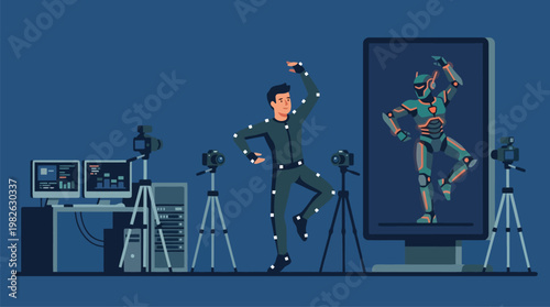Motion capture studio with performer dancing and robotic humanoid on screen