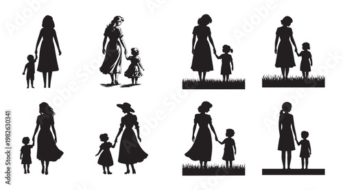 silhouettes of mother and children in various poses