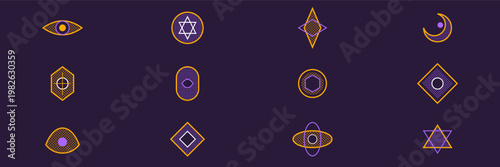 Hand-drawn mystical magic halftone badges featuring geometric celestial symbols like eyes stars and moon illustration