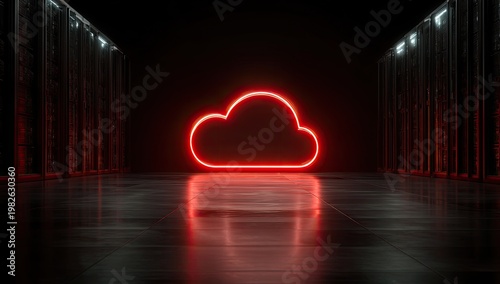 Red neon cloud glowing in a dark, reflective server room
