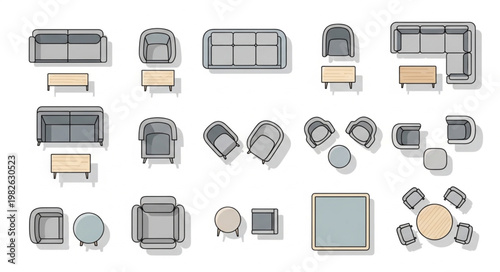 Collection of modern furniture viewed from above.