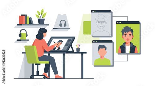 Graphic designer at desk creating digital portraits with online video conference