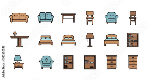 Collection of pixel art furniture icons for home decor.