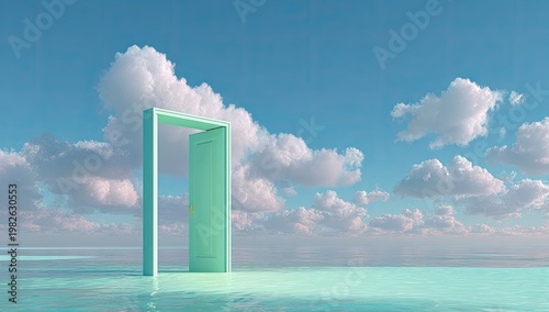 A surreal scene depicts a turquoise door standing in shallow water beneath a sky filled with fluffy white clouds, creating a dreamlike and ethereal atmosphere.
