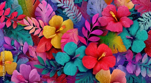 A vibrant and colorful digital artwork showcases a dense arrangement of hibiscus flowers and lush foliage in a spectrum of hues, creating a visually striking and tropical composition.