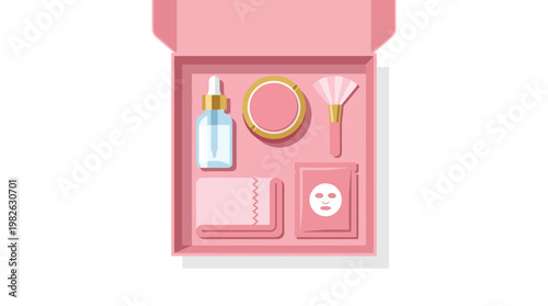 Beauty skincare set in pink box with bottle mask brush and sponge