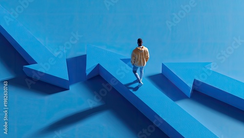 A solitary figure stands atop a geometric landscape of blue arrows, contemplating a path forward amidst a sea of directional cues.