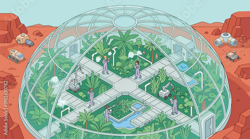 Domed futuristic greenhouse in Martian desert with gardeners and water channels