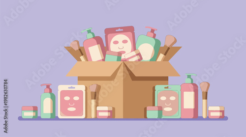 Box full of personal care products including bottles jars and brushes