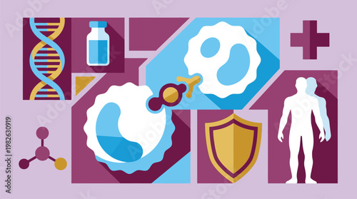 Medical science collage with DNA, cell, vial, shield and human silhouette