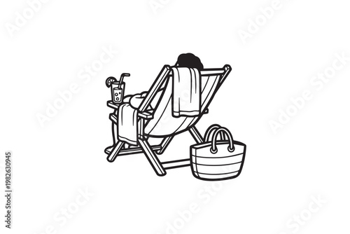 Relaxed Woman Sunbathing on Beach Chair with Cocktail Summer Vacation Line Art Illustration, Perfect for Travel Promotion, Holiday Ads, and Lifestyle Design