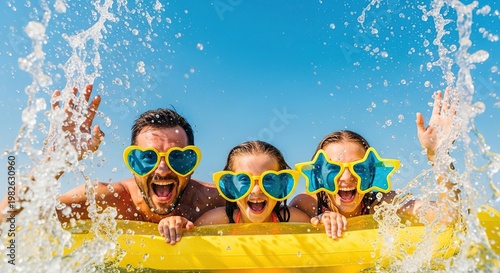 Joyful family splashing water on a bright sunny day wearing fun sunglasses during summer vacation
