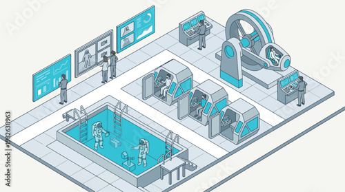 Astronaut Training Facility with Simulation Pods and VR Interfaces