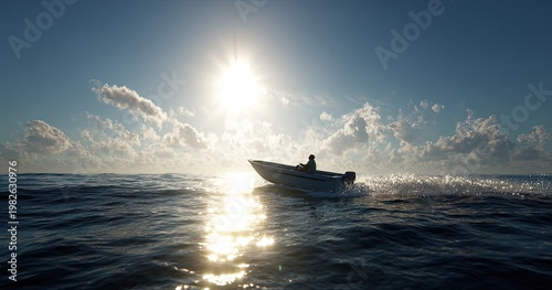 A lone figure navigates a small boat across a shimmering ocean under a bright, sun-drenched sky filled with scattered clouds.