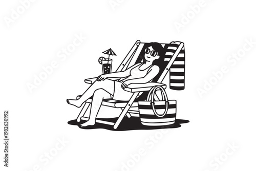 Relaxed Woman Sunbathing on Beach Chair with Cocktail Summer Vacation Line Art Illustration, Perfect for Travel Promotion, Holiday Ads, and Lifestyle Design