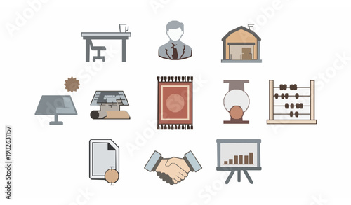 Minimal business outline icon set with office table handshake abacus solar panel and corporate management symbols vector collection