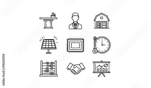 Business outline icons set with office table handshake abacus solar panel and corporate symbols vector collection