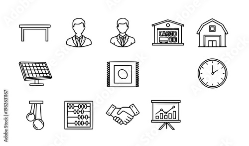 Business line icons in circular layout with handshake abacus solar panel and office corporate symbols vector set
