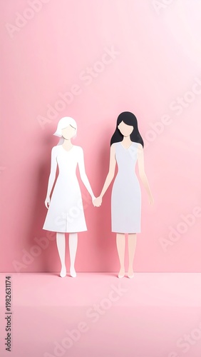 Two women in white dresses holding hands