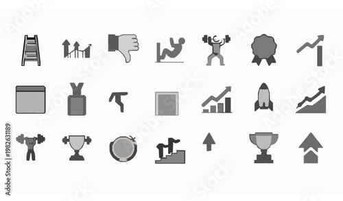 Up filled icons in circular layout with growth fitness upload graph and success progress symbols vector set
