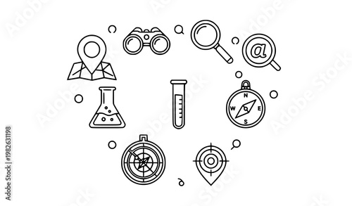 Discovery line icons in circular layout with search map binoculars and science exploration symbols vector set