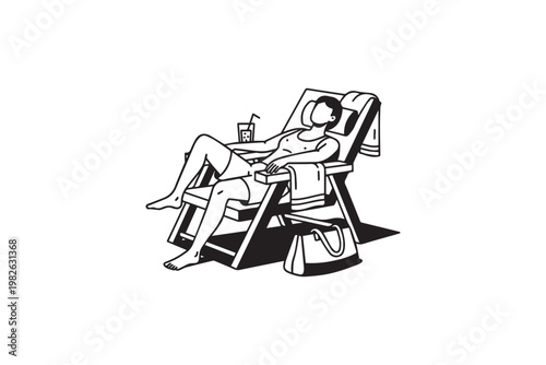 Relaxed Woman Sunbathing on Beach Chair with Cocktail Summer Vacation Line Art Illustration, Perfect for Travel Promotion, Holiday Ads, and Lifestyle Design