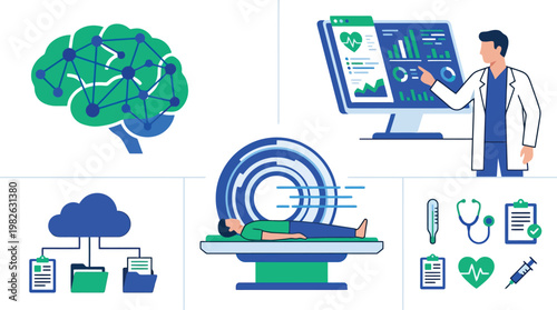 Medical imaging and brain network research concept with patient scan and doctor analysis