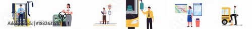 Set of flat vector illustrations depicting professional bus drivers performing various daily tasks in a public transportation and urban transit environment.