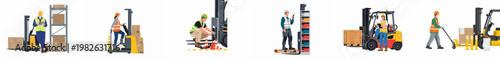 Flat illustration set of warehouse workers operating forklifts, managing inventory, and performing maintenance tasks in a logistics and storage facility environment.