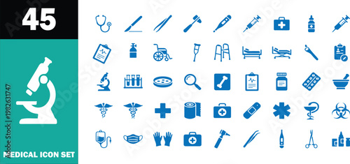 Set of 45 blue medical and healthcare featuring microscope, stethoscope, syringe, wheelchair, and surgical tools on white background