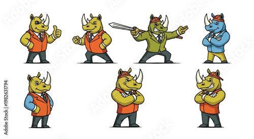 Cartoon rhinoceros characters in various poses and outfits