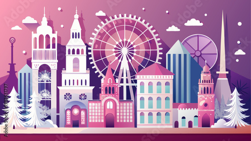 Colorful amusement park rides with ferris wheel and roller coaster