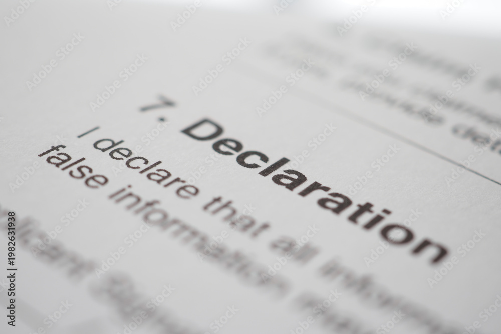Foto Declaration form with important statement in bold text