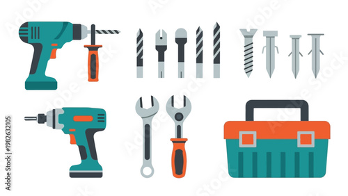 Set of tools and equipment in flat design for diy projects and home improvement