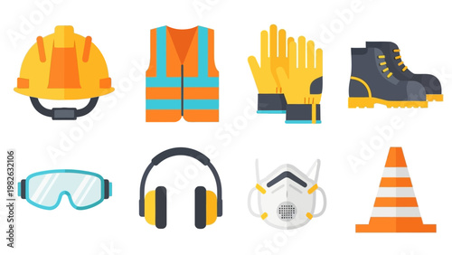 Essential safety equipment icons: helmet, vest, gloves, boots, goggles, headphones, mask, cone