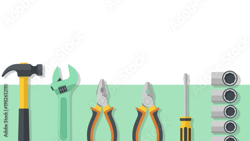 Flat design tools banner with hammer, wrench, pliers, and screwdrivers