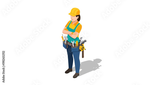 Confident handywoman in hard hat with tools and tool belt