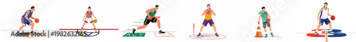 Collection of flat vector illustrations depicting male and female basketball players practicing various dribbling, movement, and shooting drills for sports training and exercise.