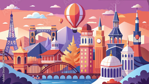 Colorful illustration of famous global landmarks and attractions