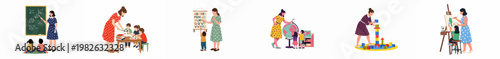 Set of vector illustrations depicting female teachers and children engaged in various educational activities like math, reading, geography, and art.