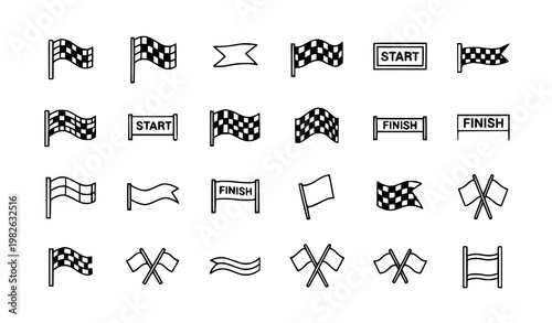 Race flag line icon set checkered start finish competition outline vector collection