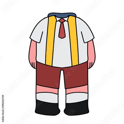 Chibi Character Schoolboy in Uniform Standing, Full Body Cute Cartoon Schoolboy Avatar, Chibi Student with Maroon Hat and Yellow Suspenders
