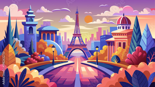 Fantasy cityscape with gothic architecture and floating islands at dusk