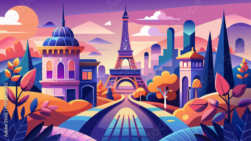 Futuristic cityscape with glowing skyscrapers at dusk