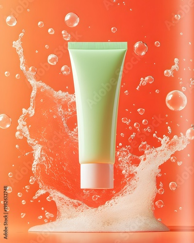 Splash of fresh green skincare lotion tube on vibrant red background with bubbles