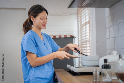 Cuadro en lienzo Cooking in scrubs a healthcare professional’s culinary adventure in a modern kit