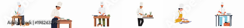 A collection of professional male and female chefs in uniform preparing food and chopping vegetables on white background illustrations.