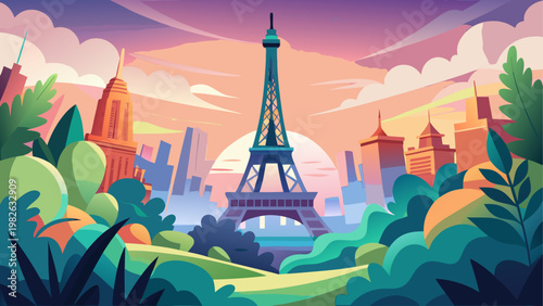 Colorful illustration of the eiffel tower at sunset with palm trees